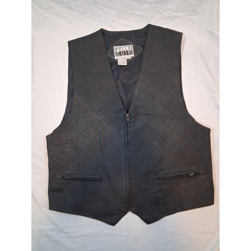 Vintage Pelle Cuir Black Genuine Leather Vest L Quilted Zip Biker Motorcycle